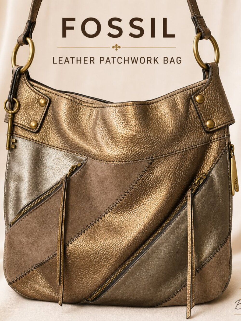 Fossil Metallic Gold Leather Patchwork Shoulder Bag